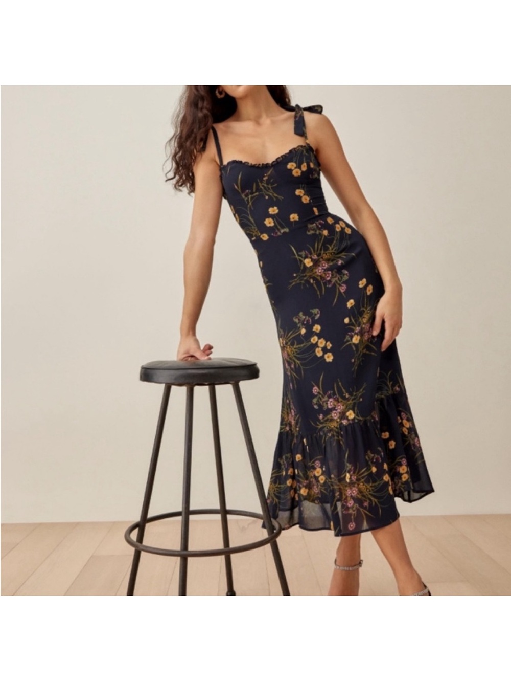 Reformation Nikita Navy Floral Dress with floral print. Tie straps